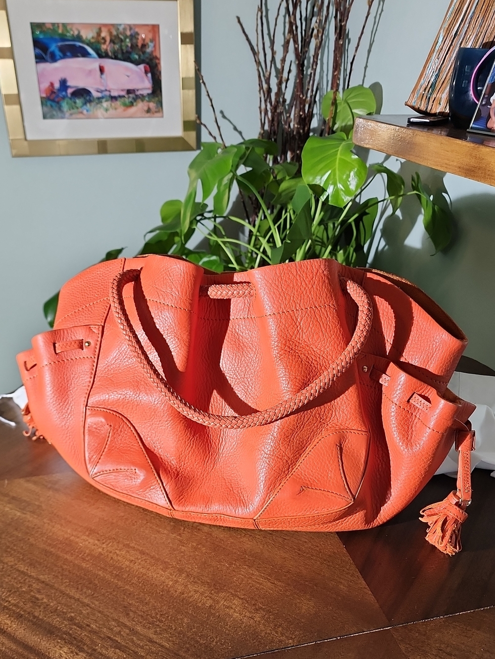 Cole Haan Orange Leather Braided-Handle Tote with Tassel